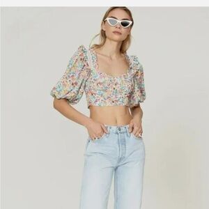 For love and lemons - Floral Square-Neck Puff Sleeve Crop Top - Multi